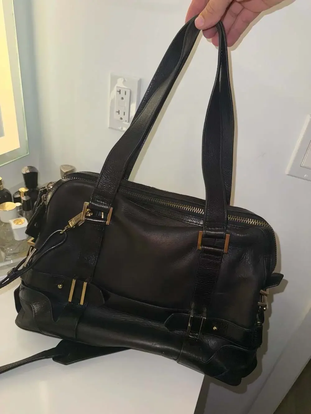 Nanette Lepore Black Leather and Leopard Print Satchel Tote Bag